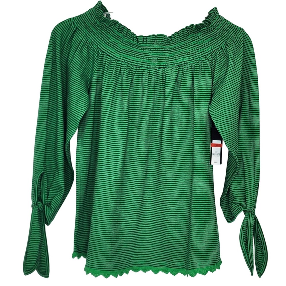 NWT Crown and Ivy Women Green Navy Striped Off Shoulder Smocked Top XS